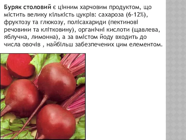 Буряк столовий є цінним харчовим продуктом, що містить велику кількість