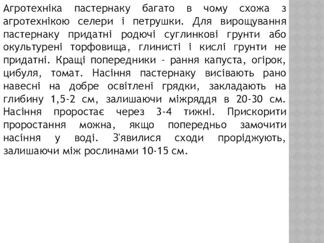 Агротехніка пастернаку багато в чому схожа з агротехнікою селери і