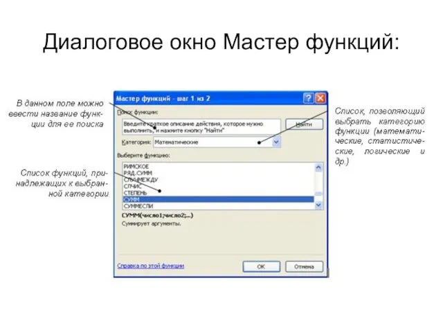 Диалоговое окно Мастер функций: