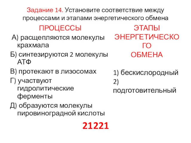 Задание 14. Установите соответствие между процессами и этапами энергетического обмена