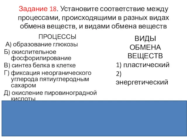 Задание 18. Установите соответствие между процессами, происходящими в разных видах