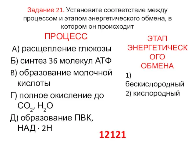 Задание 21. Установите соответствие между процессом и этапом энергетического обмена,