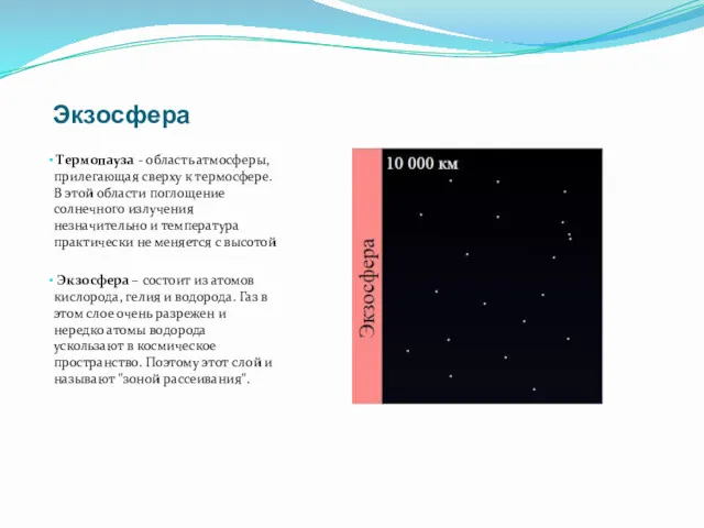 Экзосфера Термопауза - область атмосферы, прилегающая сверху к термосфере. В