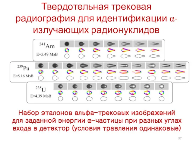 Набор эталонов альфа-трековых изображений для заданной энергии α-частицы при разных углах входа в