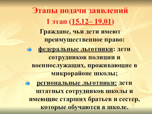 Этапы подачи заявлений 1 этап (15.12– 19.01) Граждане, чьи дети