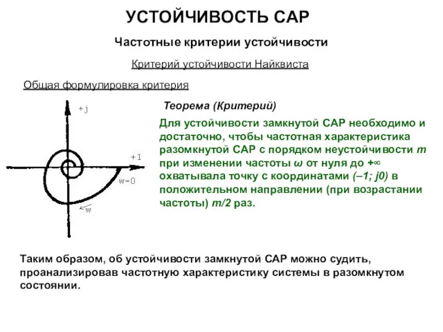 УСТОЙЧИВОСТЬ САР Частотные критерии устойчивости Критерий устойчивости Найквиста Общая формулировка