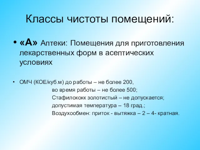 Классы чистоты помещений: «А» Аптеки: Помещения для приготовления лекарственных форм