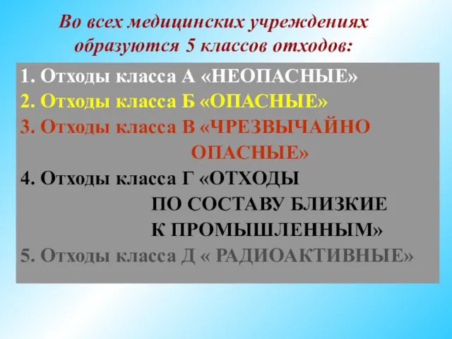 Во всех медицинских учреждениях образуются 5 классов отходов: 1. Отходы