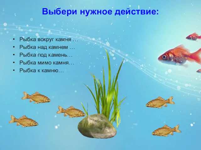 Выбери нужное действие: Рыбка вокруг камня … Рыбка над камнем … Рыбка под