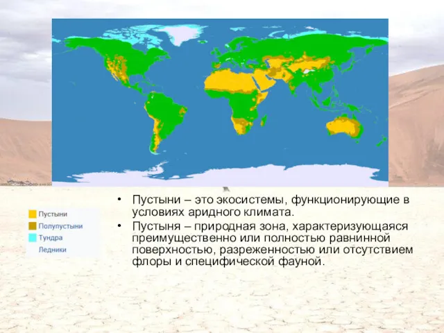 Пустыни – это экосистемы, функционирующие в условиях аридного климата. Пустыня