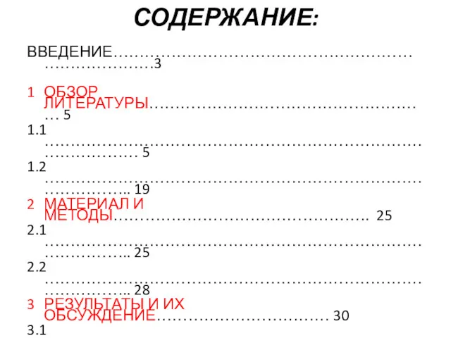 СОДЕРЖАНИЕ: ВВЕДЕНИЕ……………………………………………………………………3 ОБЗОР ЛИТЕРАТУРЫ……………………………………………… 5 1.1 ……………………………………………………………………………… 5 1.2 ……………………………………………………………………………..