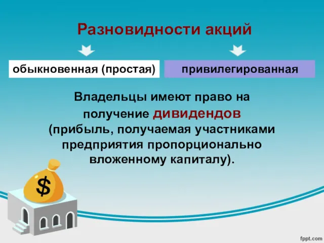 Разновидности акций обыкновенная (простая) привилегированная Владельцы имеют право на получение