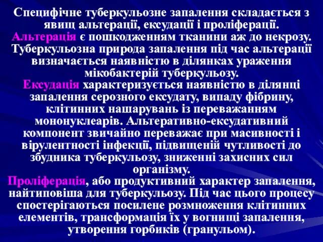 Специфічне туберкульозне запалення складається з явищ альтерації, ексудації і проліферації.