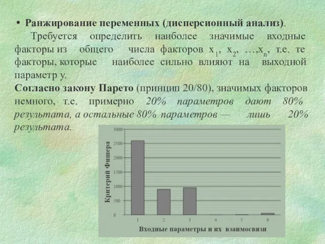 Ранжирование переменных (дисперсионный анализ). Требуется определить наиболее значимые входные факторы