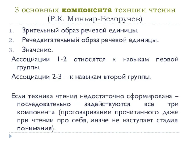 3 основных компонента техники чтения (Р.К. Миньяр-Белоручев) Зрительный образ речевой единицы. Речедвигательный образ