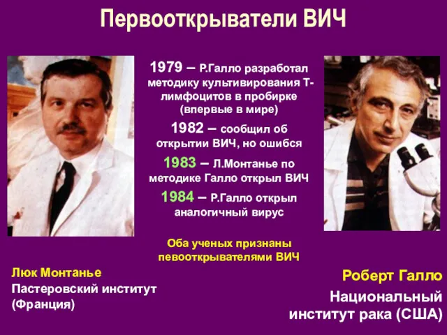 Первооткрыватели ВИЧ Люк Монтанье Пастеровский институт (Франция) 1979 – Р.Галло