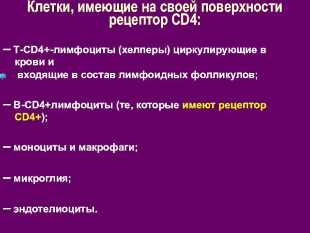 Клетки, имеющие на своей поверхности рецептор СD4: – Т-CD4+-лимфоциты (хелперы)