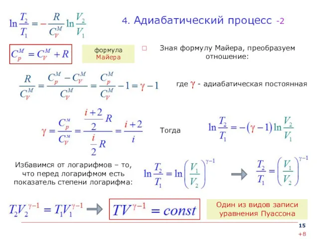 4. Адиабатический процесс -2 Зная формулу Майера, преобразуем отношение: Избавимся от логарифмов –