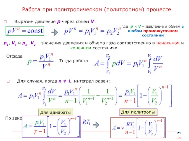 Работа при политропическом (политропном) процессе Выразим давление p через объем