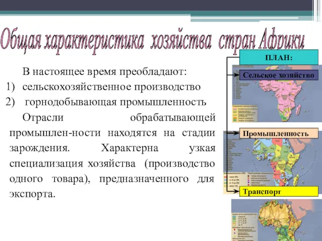 Общая характеристика хозяйства стран Африки В настоящее время преобладают: сельскохозяйственное