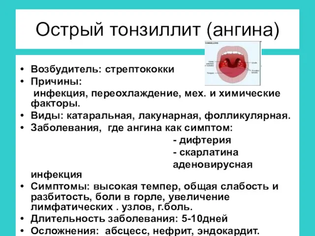 Острый тонзиллит (ангина) Возбудитель: стрептококки Причины: инфекция, переохлаждение, мех. и