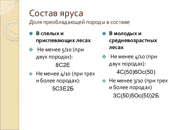 Состав яруса Доля преобладающей породы в составе В спелых и