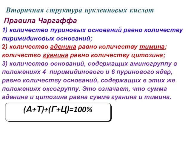 Вторичная структура нуклеиновых кислот Правила Чаргаффа 1) количество пуриновых оснований