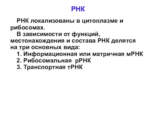 РНК РНК локализованы в цитоплазме и рибосомах. В зависимости от