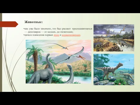 Животные: как уже было замечено, это был расцвет пресмыкающихся — динозавров — от