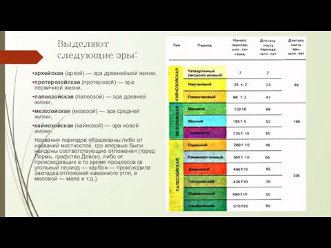 Выделяют следующие эры: архейская (архей) — эра древнейшей жизни, протерозойская (протерозой) — эра