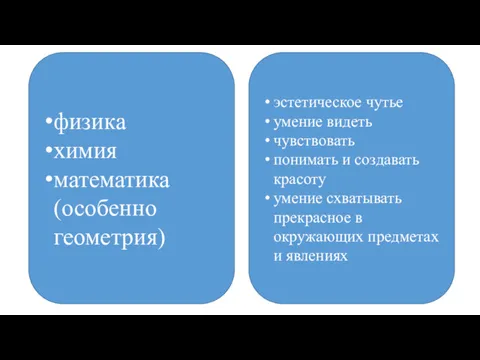 физика химия математика (особенно геометрия) эстетическое чутье умение видеть чувствовать