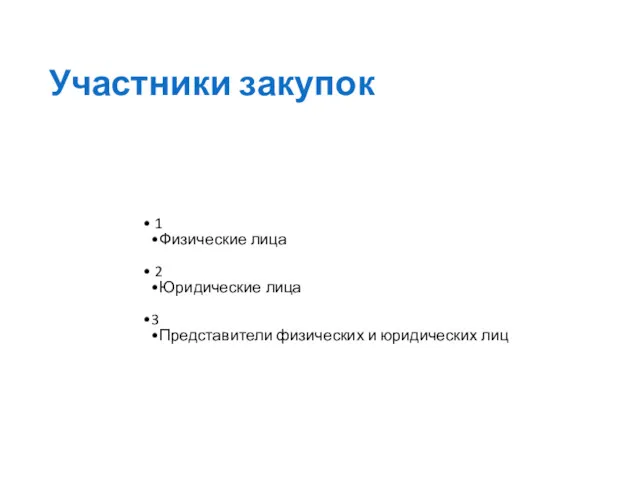 Участники закупок 1 Физические лица 2 Юридические лица 3 Представители физических и юридических лиц