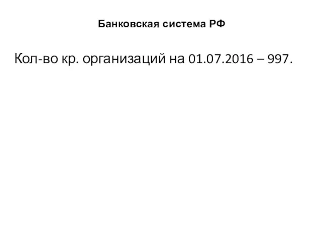 Банковская система РФ Кол-во кр. организаций на 01.07.2016 – 997.