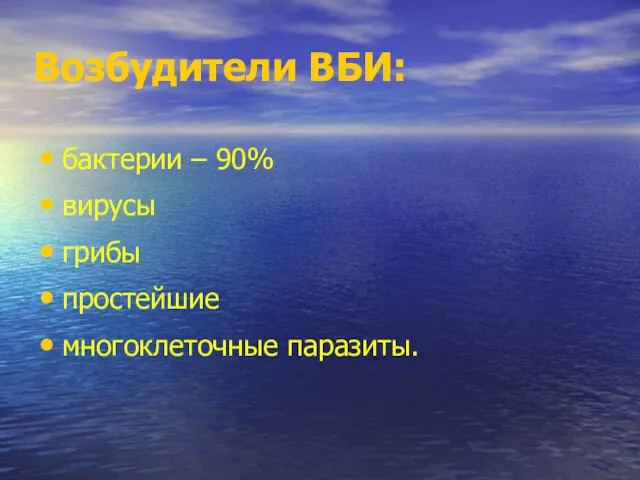 Возбудители ВБИ: бактерии – 90% вирусы грибы простейшие многоклеточные паразиты.