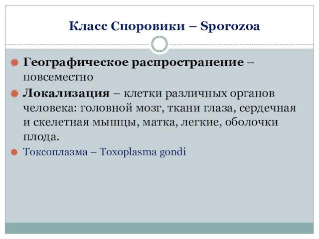 Класс Споровики – Sporozoa Географическое распространение – повсеместно Локализация –