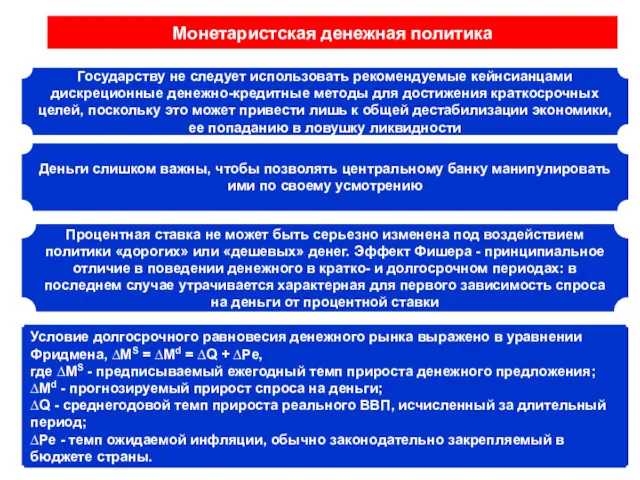 Монетаристская денежная политика Государству не следует использовать рекомендуемые кейнсианцами дискреционные