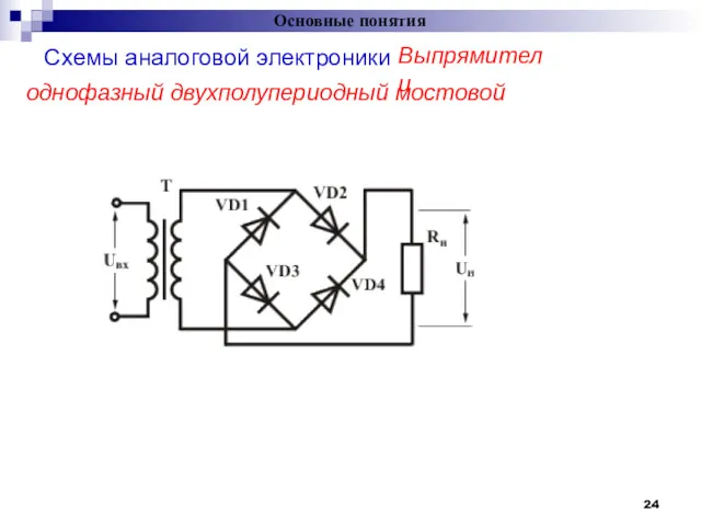 Схемы аналоговой электроники Основные понятия = Выпрямители однофазный двухполупериодный мостовой