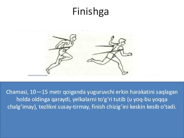 Finishga Chamasi, 10—15 metr qoiganda yuguruvchi erkin harakatini saqlagan holda