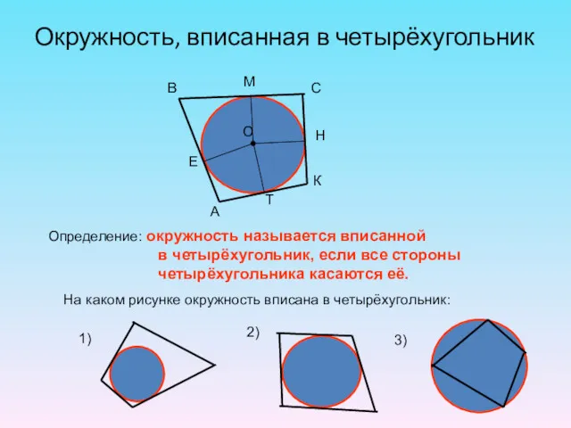 Окружность, вписанная в четырёхугольник Определение: окружность называется вписанной в четырёхугольник, если все стороны четырёхугольника касаются её.