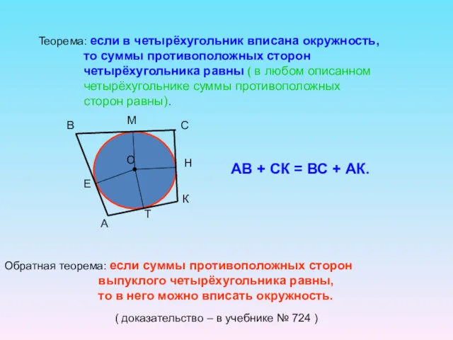 Теорема: если в четырёхугольник вписана окружность, то суммы противоположных сторон четырёхугольника равны (