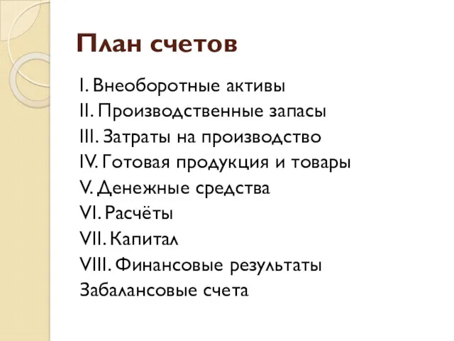 План счетов I. Внеоборотные активы II. Производственные запасы III. Затраты