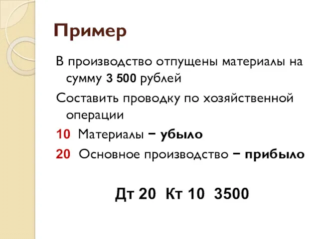 Пример В производство отпущены материалы на сумму 3 500 рублей