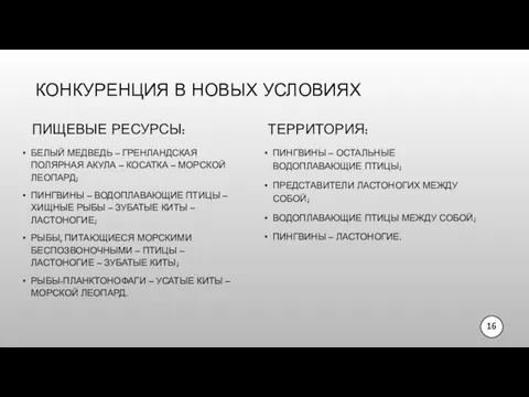 КОНКУРЕНЦИЯ В НОВЫХ УСЛОВИЯХ ПИЩЕВЫЕ РЕСУРСЫ: БЕЛЫЙ МЕДВЕДЬ – ГРЕНЛАНДСКАЯ