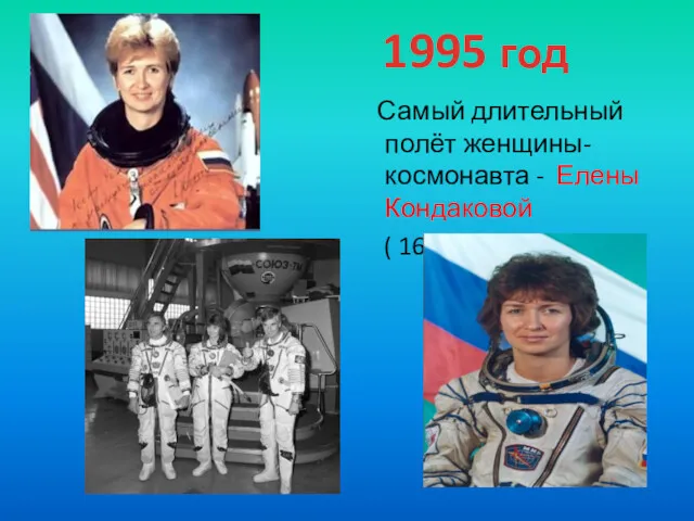 Самый длительный полёт женщины-космонавта - Елены Кондаковой ( 169 суток ) 1995 год