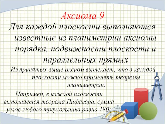 Аксиома 9 Для каждой плоскости выполняются известные из планиметрии аксиомы