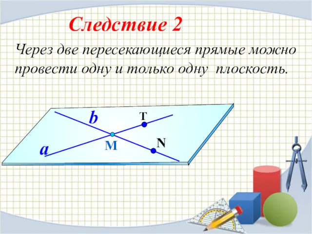 Через две пересекающиеся прямые можно провести одну и только одну