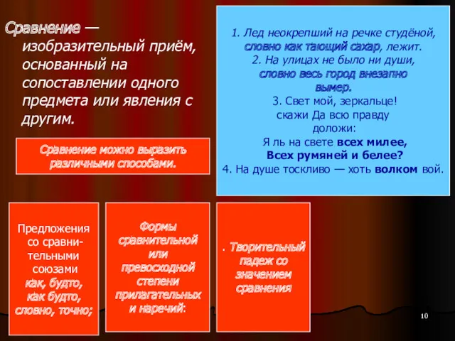 Сравнение — изобразительный приём, основанный на сопоставлении одного предмета или