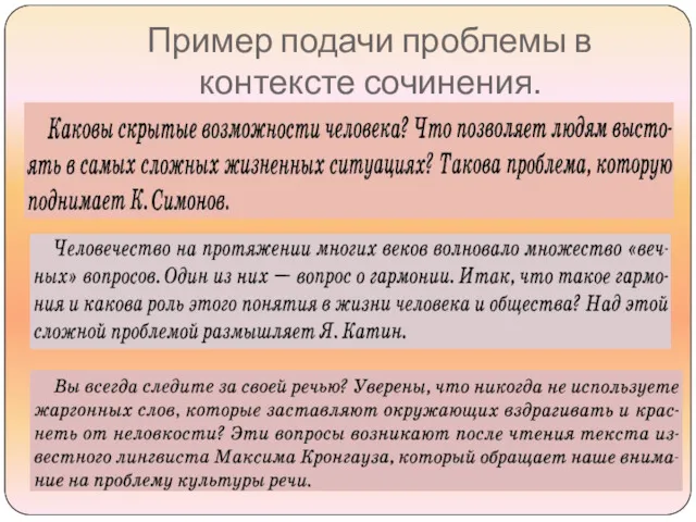 Пример подачи проблемы в контексте сочинения.