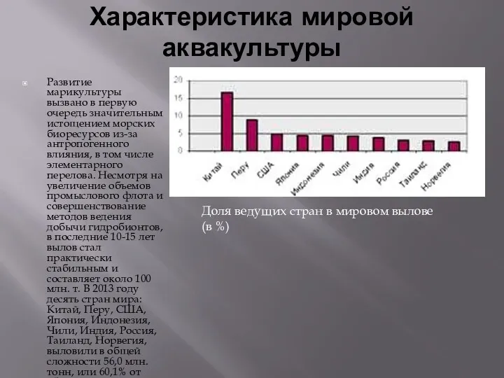 Характеристика мировой аквакультуры Развитие марикультуры вызвано в первую очередь значительным истощением морских биоресурсов