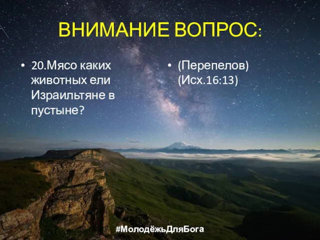 ВНИМАНИЕ ВОПРОС: 20.Мясо каких животных ели Израильтяне в пустыне? (Перепелов) (Исх.16:13) #МолодёжьДляБога